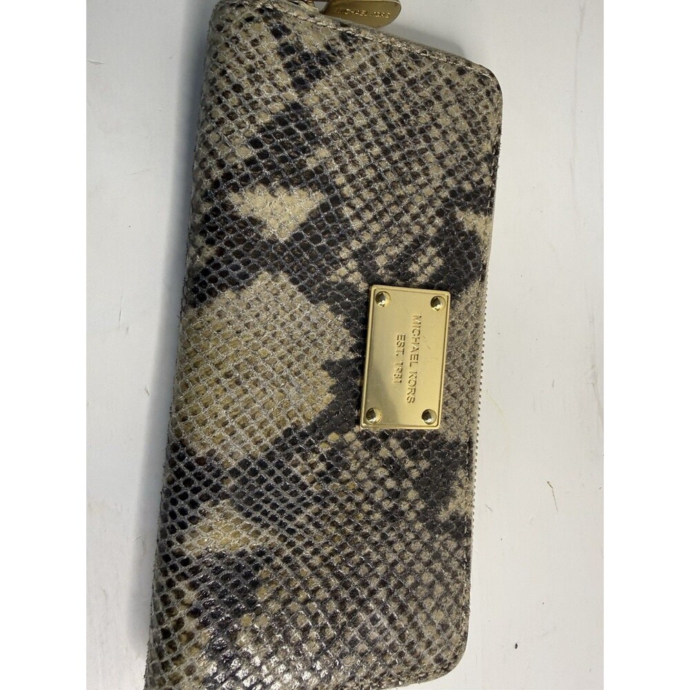 ✿ Michael Kors Embossed Snake Leather Zip Wallet Gold Tone Hardware Clutch MK!